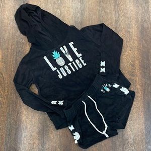 Size 8 Justice Girls Black Terry Pineapple Hoodie Swimsuit cover-up shorts set